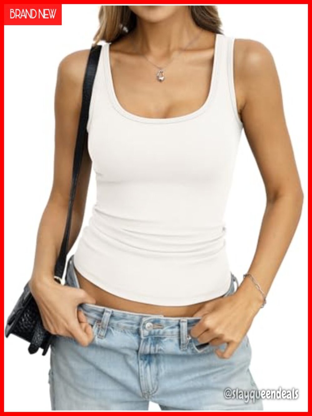 Womens Cotton Ribbed Tank Top Low Scoop Neck Sleeveless Fitted Basic